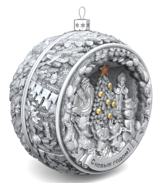 Set of 3 silver Christmas balls "Bells, Happy childhood and Bullfinches"
